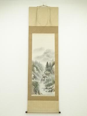 玉芳筆　彩色山水　肉筆絹本掛軸（共箱）